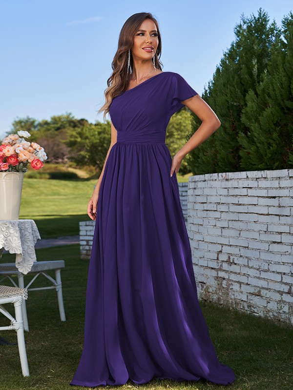 A-Line/Princess Chiffon Ruched One-Shoulder Short Sleeves Floor-Length Bridesmaid Dresses 2159