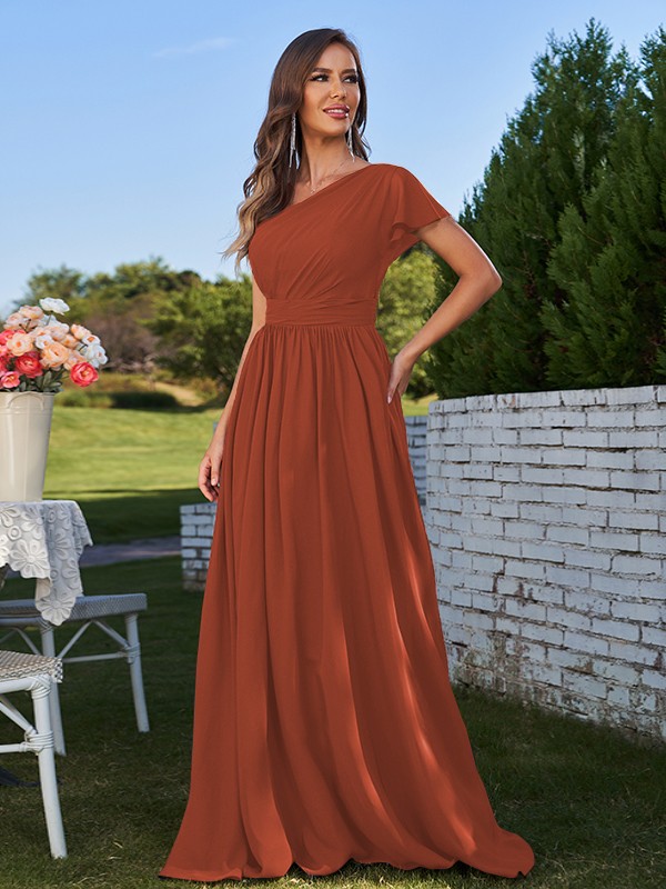 A-Line/Princess Chiffon Ruched One-Shoulder Short Sleeves Floor-Length Bridesmaid Dresses 2159