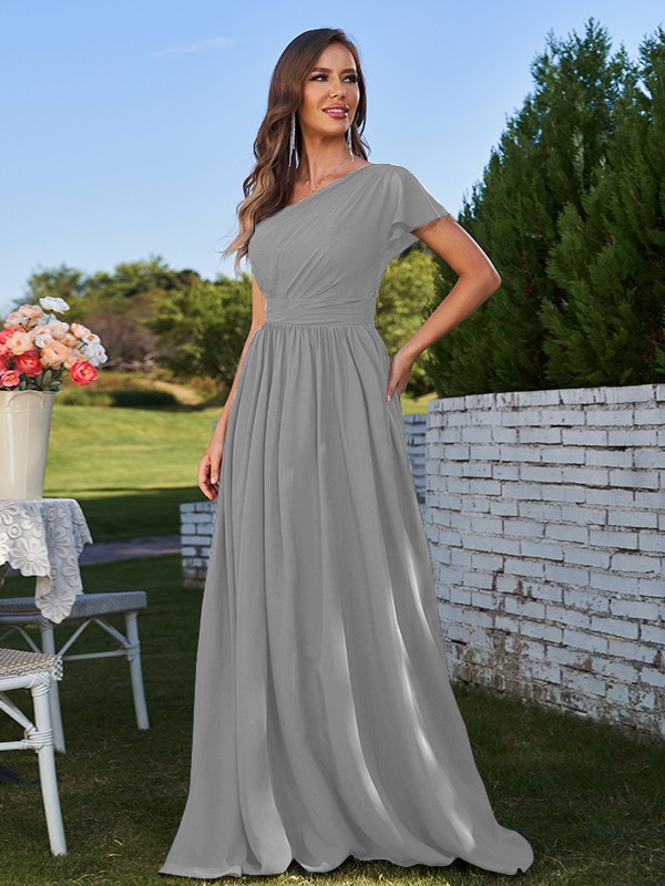 A-Line/Princess Chiffon Ruched One-Shoulder Short Sleeves Floor-Length Bridesmaid Dresses 2159