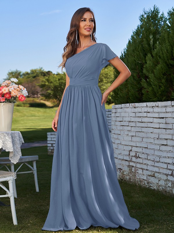 A-Line/Princess Chiffon Ruched One-Shoulder Short Sleeves Floor-Length Bridesmaid Dresses 2159