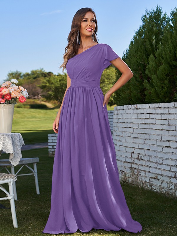 A-Line/Princess Chiffon Ruched One-Shoulder Short Sleeves Floor-Length Bridesmaid Dresses 2159