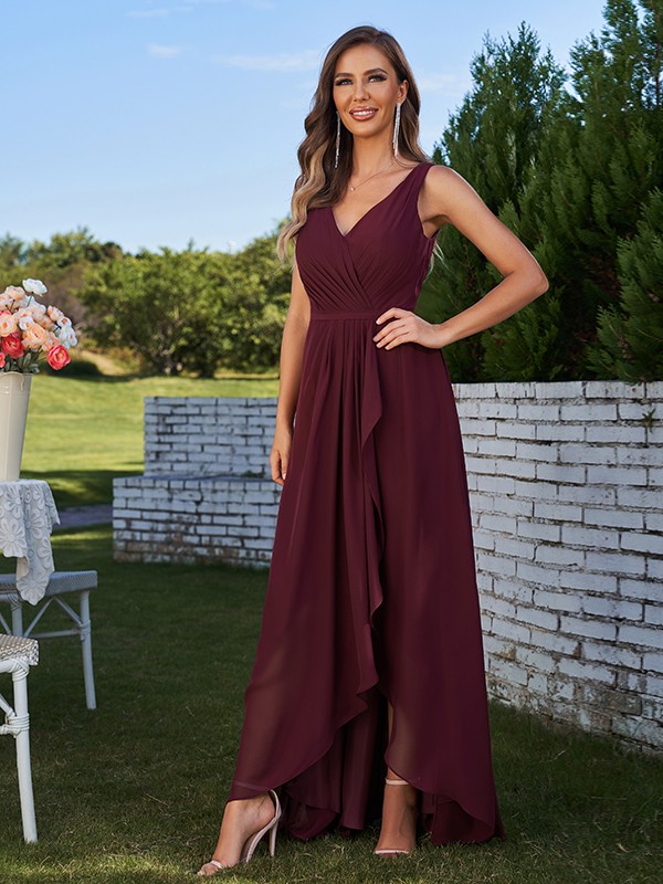 A-Line/Princess Chiffon Ruched V-Neck Sleeveless Floor-Length Bridesmaid Dresses 2179