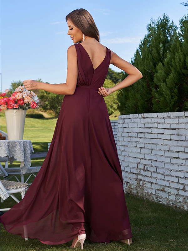 A-Line/Princess Chiffon Ruched V-Neck Sleeveless Floor-Length Bridesmaid Dresses 2179