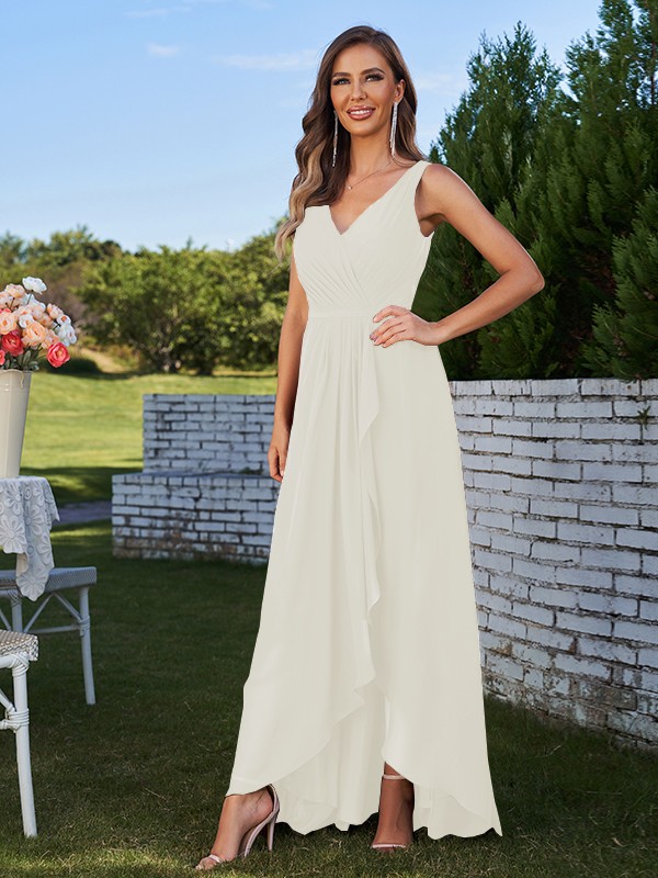 A-Line/Princess Chiffon Ruched V-Neck Sleeveless Floor-Length Bridesmaid Dresses 2179