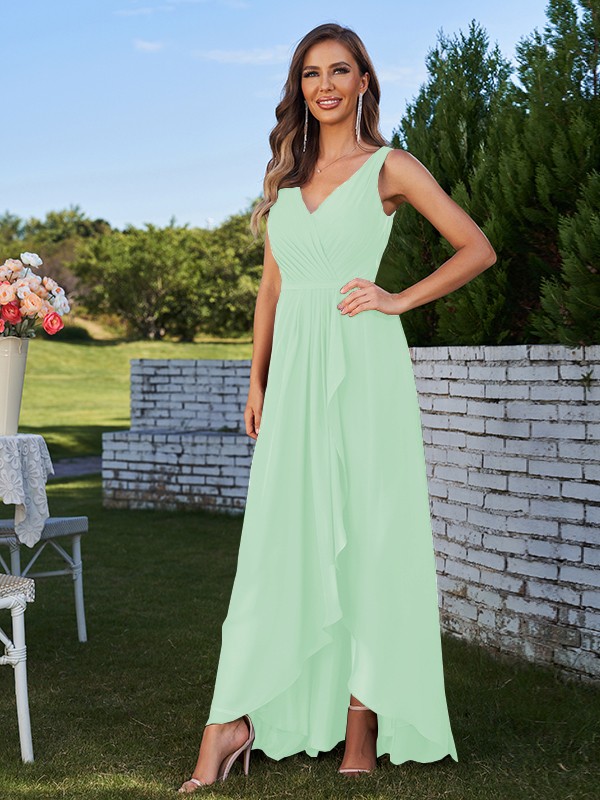 A-Line/Princess Chiffon Ruched V-Neck Sleeveless Floor-Length Bridesmaid Dresses 2179