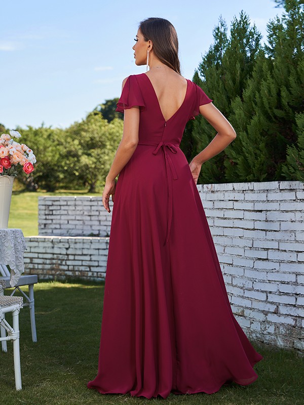 A-Line/Princess Chiffon Ruched V-Neck Short Sleeves Floor-Length Bridesmaid Dresses 2173