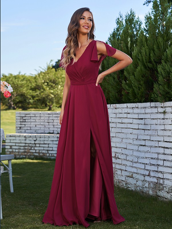 A-Line/Princess Chiffon Ruched V-Neck Short Sleeves Floor-Length Bridesmaid Dresses 2173