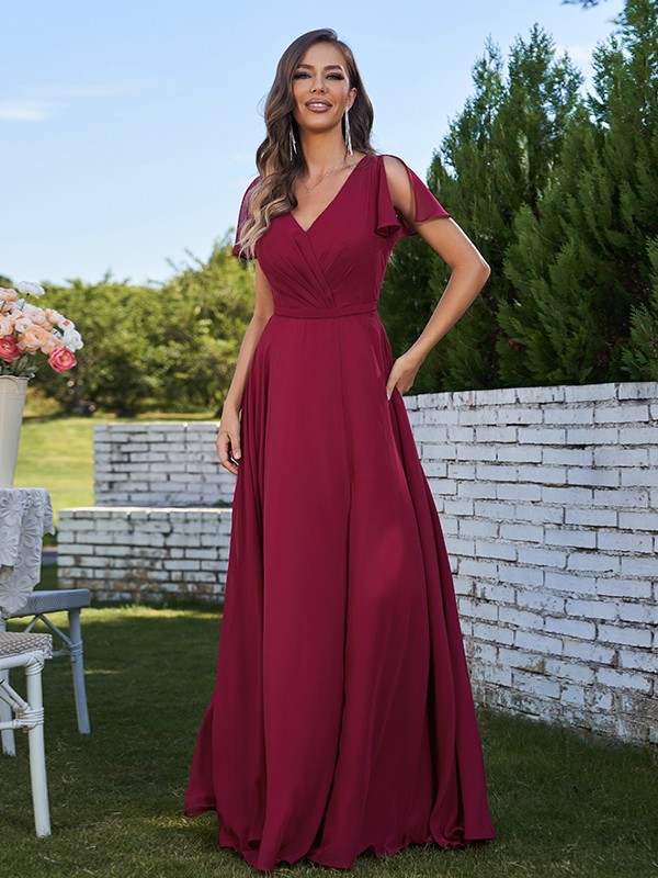 A-Line/Princess Chiffon Ruched V-Neck Short Sleeves Floor-Length Bridesmaid Dresses 2173