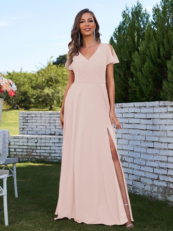 A-Line/Princess Chiffon Ruched V-Neck Short Sleeves Floor-Length Bridesmaid Dresses 2173