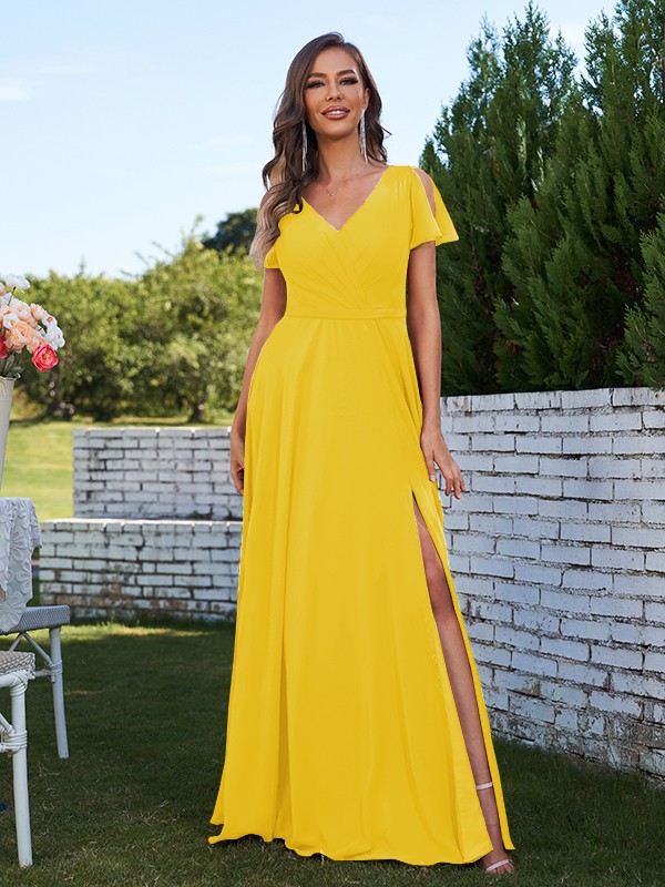 A-Line/Princess Chiffon Ruched V-Neck Short Sleeves Floor-Length Bridesmaid Dresses 2173