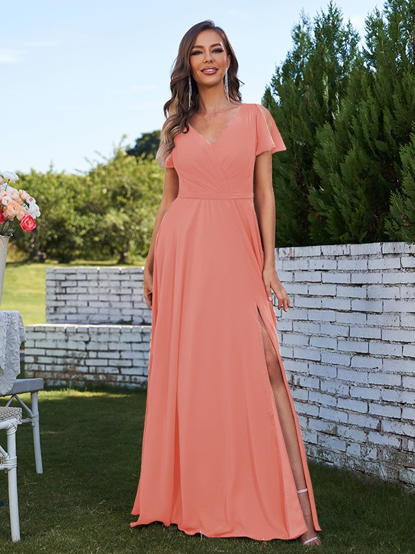 A-Line/Princess Chiffon Ruched V-Neck Short Sleeves Floor-Length Bridesmaid Dresses 2173