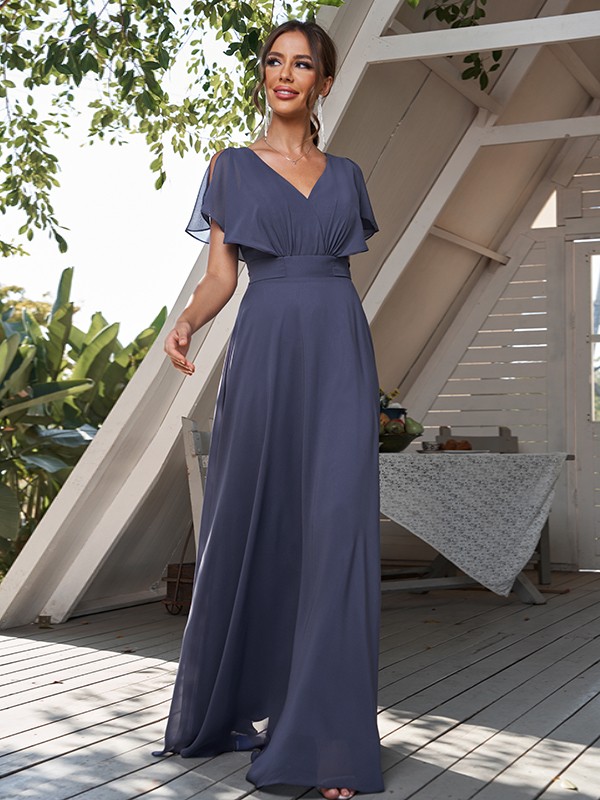 A-Line/Princess Chiffon Ruffles V-neck Short Sleeves Floor-Length Bridesmaid Dresses 2228