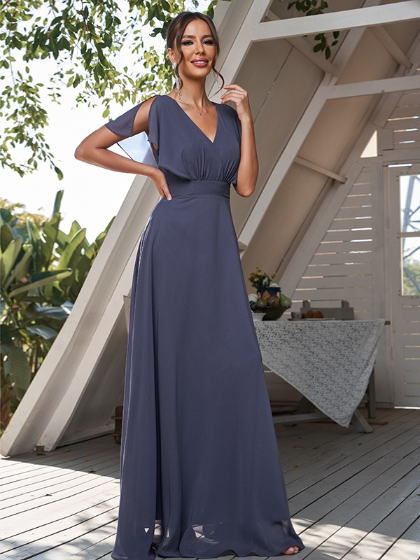 A-Line/Princess Chiffon Ruffles V-neck Short Sleeves Floor-Length Bridesmaid Dresses 2228