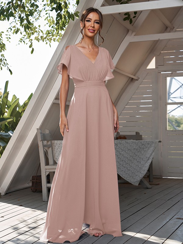 A-Line/Princess Chiffon Ruffles V-neck Short Sleeves Floor-Length Bridesmaid Dresses 2228