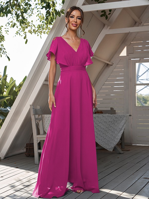 A-Line/Princess Chiffon Ruffles V-neck Short Sleeves Floor-Length Bridesmaid Dresses 2228