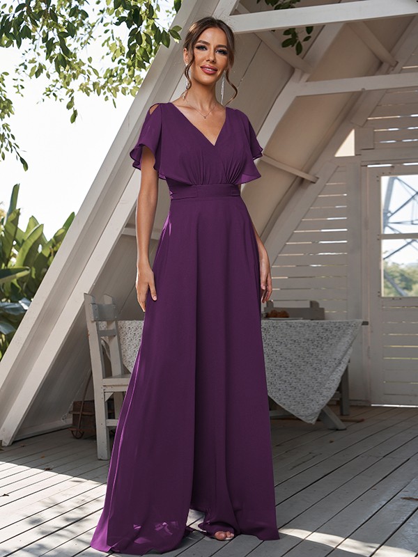 A-Line/Princess Chiffon Ruffles V-neck Short Sleeves Floor-Length Bridesmaid Dresses 2228