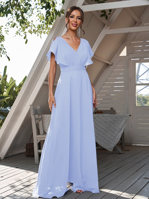 A-Line/Princess Chiffon Ruffles V-neck Short Sleeves Floor-Length Bridesmaid Dresses 2228