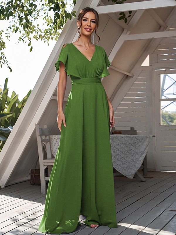 A-Line/Princess Chiffon Ruffles V-neck Short Sleeves Floor-Length Bridesmaid Dresses 2228