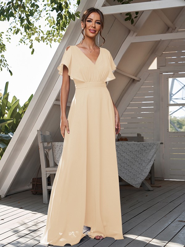 A-Line/Princess Chiffon Ruffles V-neck Short Sleeves Floor-Length Bridesmaid Dresses 2228