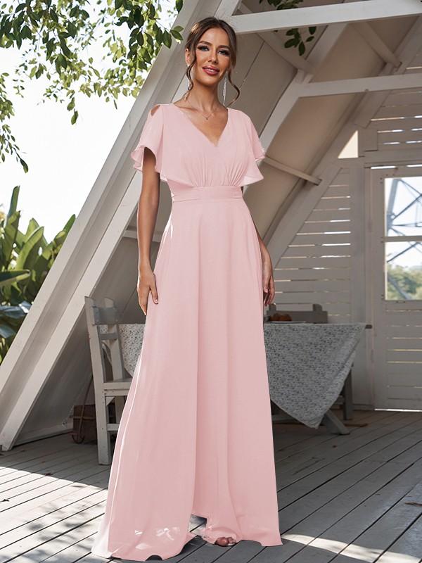 A-Line/Princess Chiffon Ruffles V-neck Short Sleeves Floor-Length Bridesmaid Dresses 2228