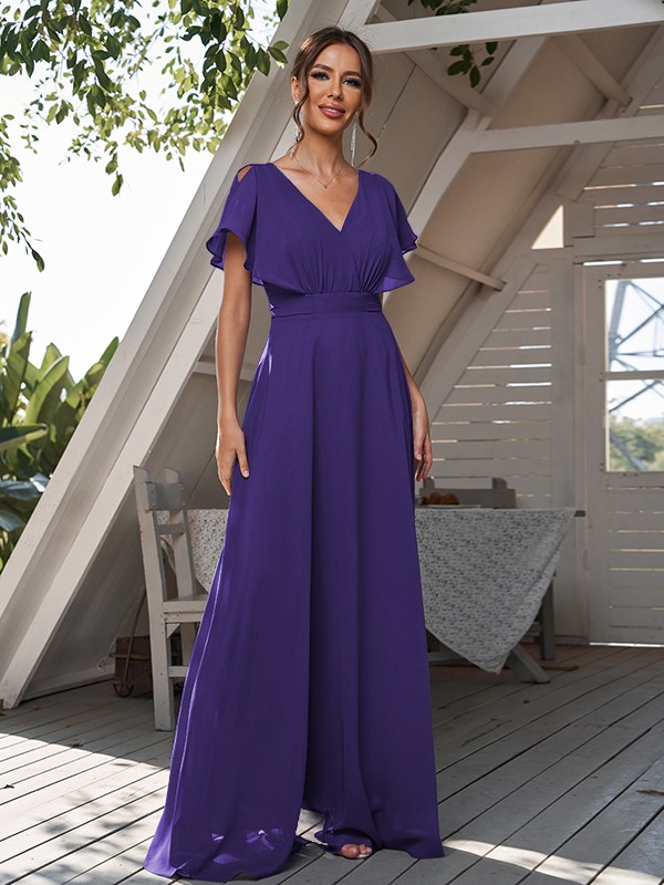 A-Line/Princess Chiffon Ruffles V-neck Short Sleeves Floor-Length Bridesmaid Dresses 2228