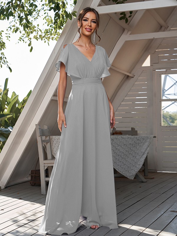 A-Line/Princess Chiffon Ruffles V-neck Short Sleeves Floor-Length Bridesmaid Dresses 2228