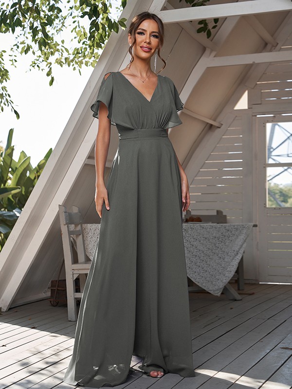 A-Line/Princess Chiffon Ruffles V-neck Short Sleeves Floor-Length Bridesmaid Dresses 2228