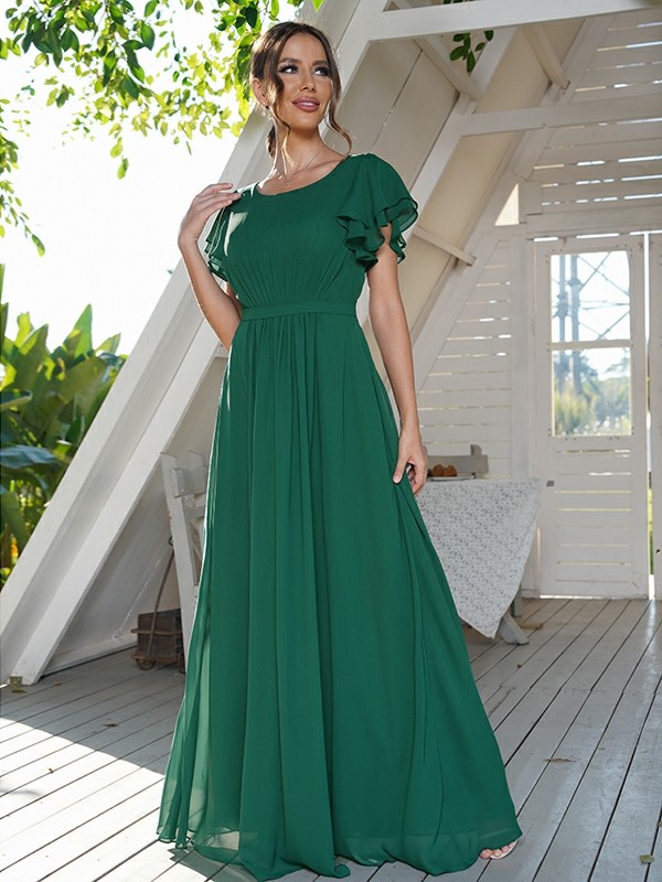 A-Line/Princess Chiffon Ruffles Scoop Short Sleeves Floor-Length Bridesmaid Dresses 2208