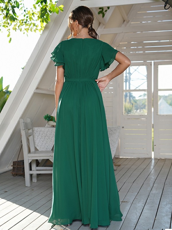 A-Line/Princess Chiffon Ruffles Scoop Short Sleeves Floor-Length Bridesmaid Dresses 2208