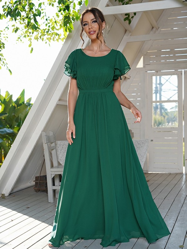 A-Line/Princess Chiffon Ruffles Scoop Short Sleeves Floor-Length Bridesmaid Dresses 2208