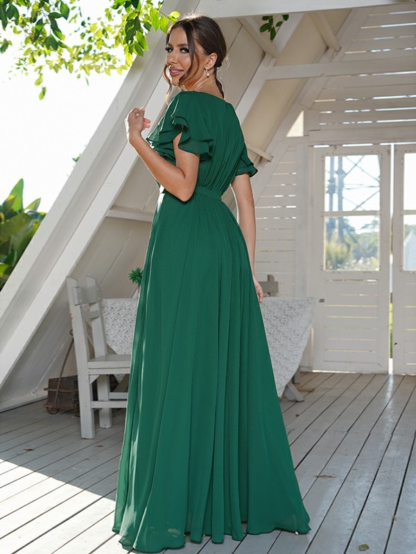 A-Line/Princess Chiffon Ruffles Scoop Short Sleeves Floor-Length Bridesmaid Dresses 2208