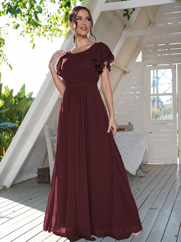 A-Line/Princess Chiffon Ruffles Scoop Short Sleeves Floor-Length Bridesmaid Dresses 2208