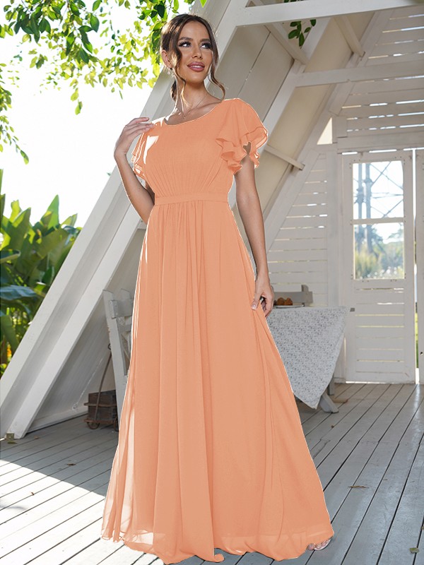 A-Line/Princess Chiffon Ruffles Scoop Short Sleeves Floor-Length Bridesmaid Dresses 2208