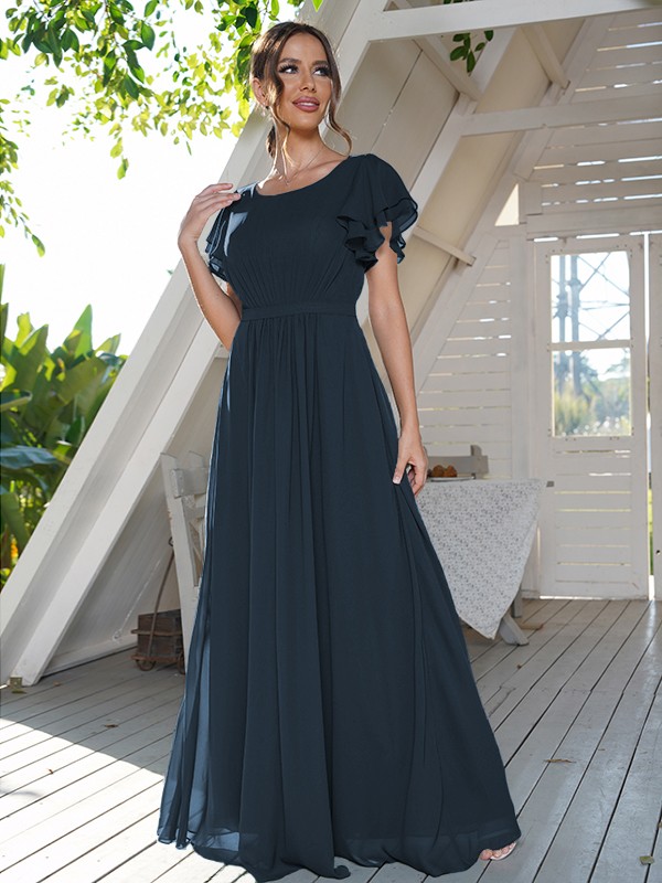 A-Line/Princess Chiffon Ruffles Scoop Short Sleeves Floor-Length Bridesmaid Dresses 2208