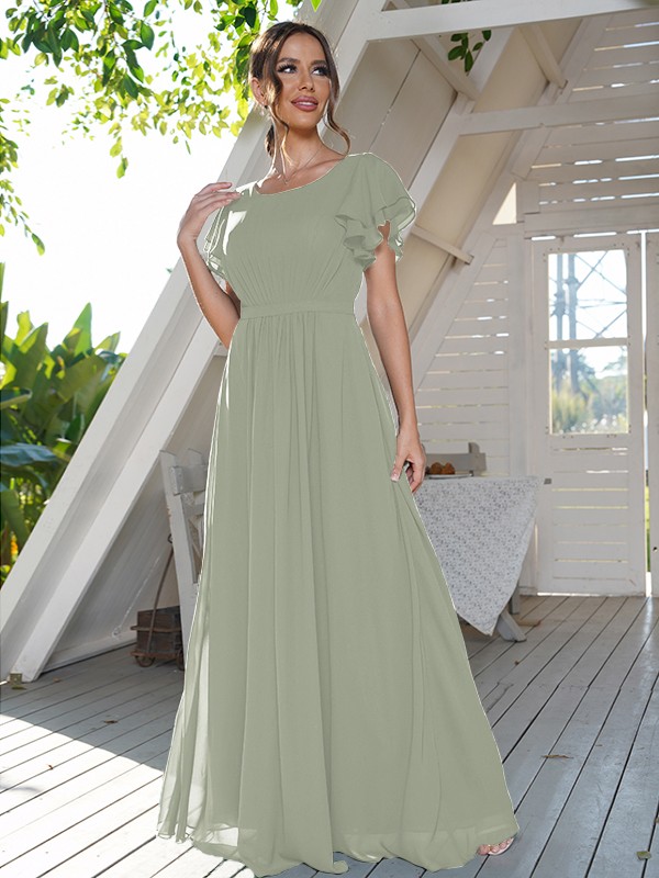 A-Line/Princess Chiffon Ruffles Scoop Short Sleeves Floor-Length Bridesmaid Dresses 2208