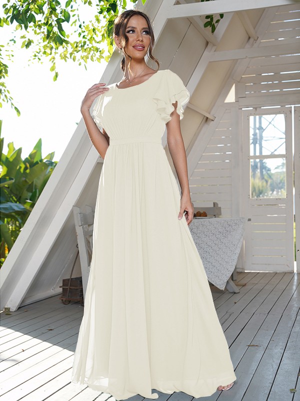 A-Line/Princess Chiffon Ruffles Scoop Short Sleeves Floor-Length Bridesmaid Dresses 2208