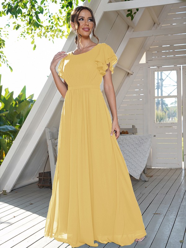 A-Line/Princess Chiffon Ruffles Scoop Short Sleeves Floor-Length Bridesmaid Dresses 2208