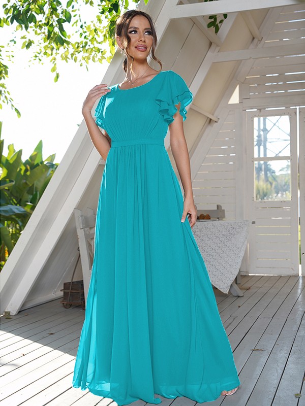 A-Line/Princess Chiffon Ruffles Scoop Short Sleeves Floor-Length Bridesmaid Dresses 2208