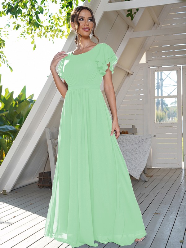 A-Line/Princess Chiffon Ruffles Scoop Short Sleeves Floor-Length Bridesmaid Dresses 2208