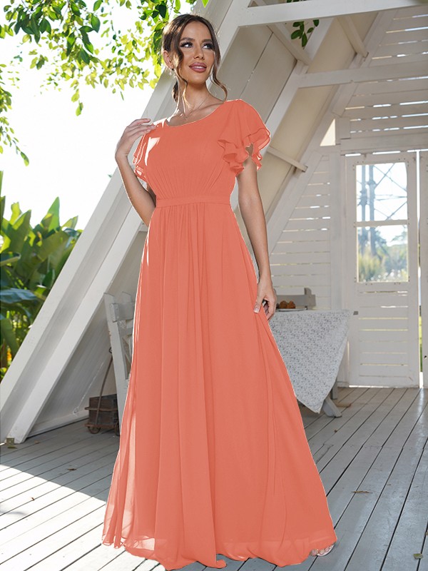 A-Line/Princess Chiffon Ruffles Scoop Short Sleeves Floor-Length Bridesmaid Dresses 2208