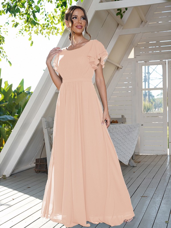 A-Line/Princess Chiffon Ruffles Scoop Short Sleeves Floor-Length Bridesmaid Dresses 2208