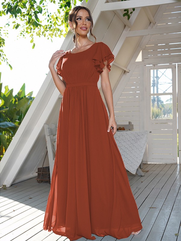 A-Line/Princess Chiffon Ruffles Scoop Short Sleeves Floor-Length Bridesmaid Dresses 2208