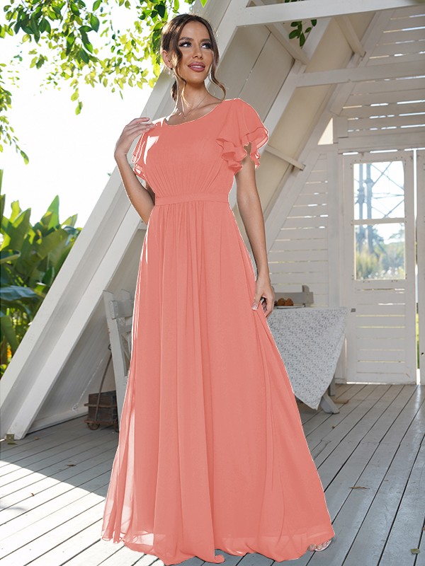 A-Line/Princess Chiffon Ruffles Scoop Short Sleeves Floor-Length Bridesmaid Dresses 2208