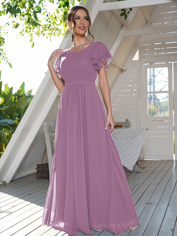 A-Line/Princess Chiffon Ruffles Scoop Short Sleeves Floor-Length Bridesmaid Dresses 2208