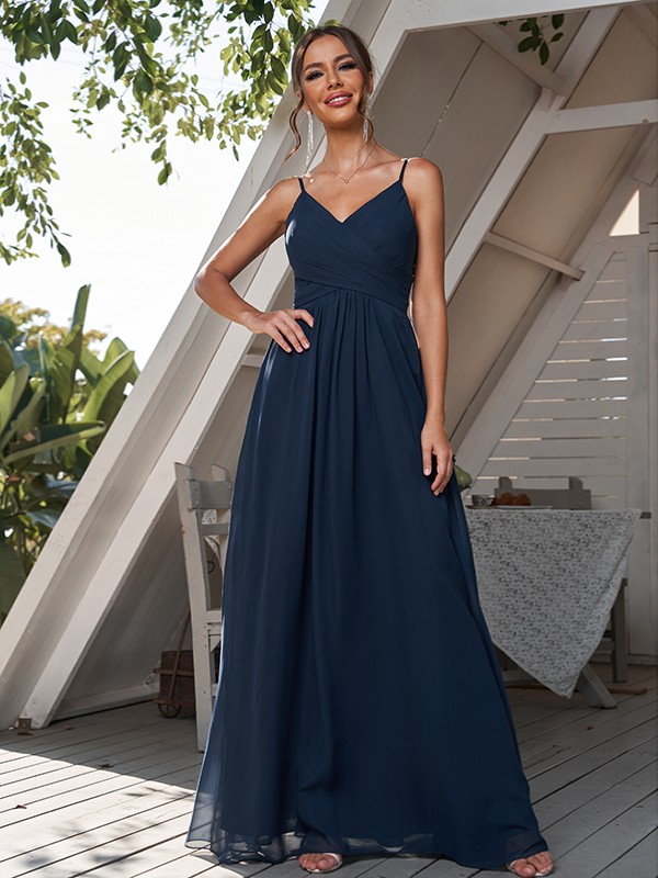 A-Line/Princess Chiffon Ruched V-neck Sleeveless Floor-Length Bridesmaid Dresses 2180