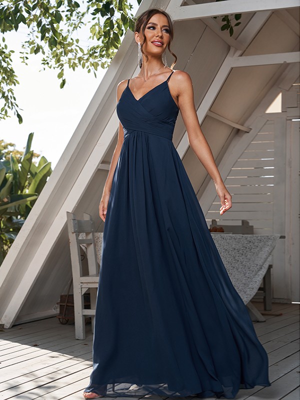 A-Line/Princess Chiffon Ruched V-neck Sleeveless Floor-Length Bridesmaid Dresses 2180