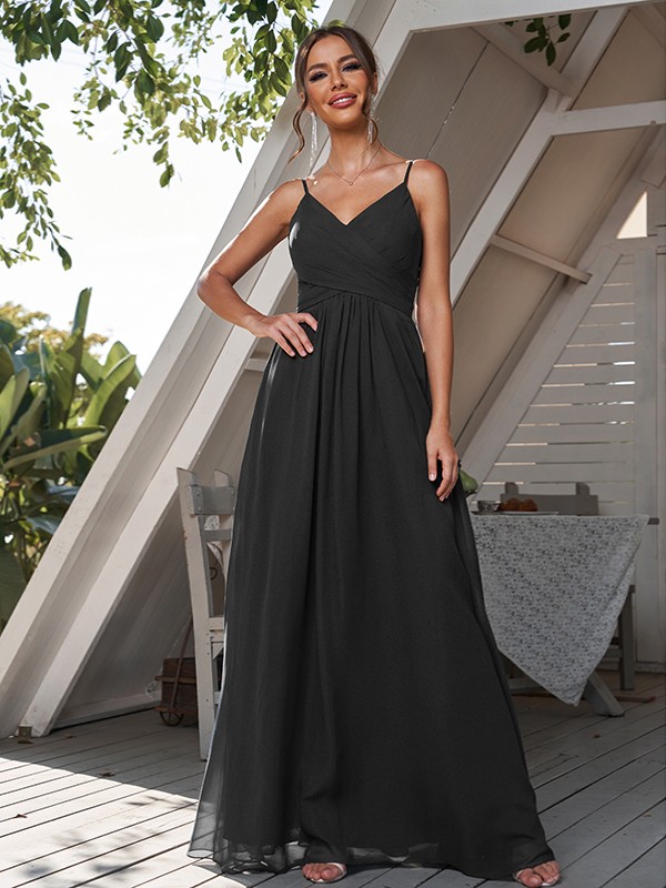 A-Line/Princess Chiffon Ruched V-neck Sleeveless Floor-Length Bridesmaid Dresses 2180