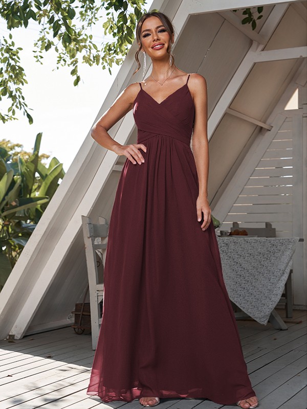 A-Line/Princess Chiffon Ruched V-neck Sleeveless Floor-Length Bridesmaid Dresses 2180