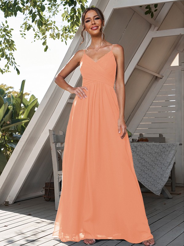 A-Line/Princess Chiffon Ruched V-neck Sleeveless Floor-Length Bridesmaid Dresses 2180