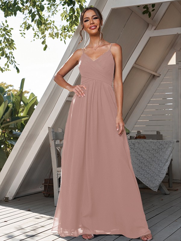 A-Line/Princess Chiffon Ruched V-neck Sleeveless Floor-Length Bridesmaid Dresses 2180